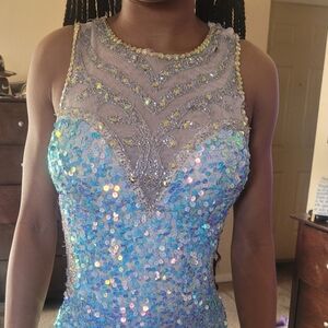 Sequin Halter Dress in Blue and Silver
